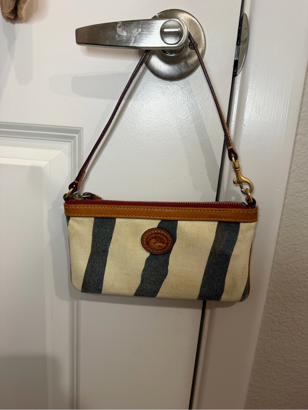 Dooney & Bourke Cream and Navy Striped Canvas Wristlet with Brown Trim